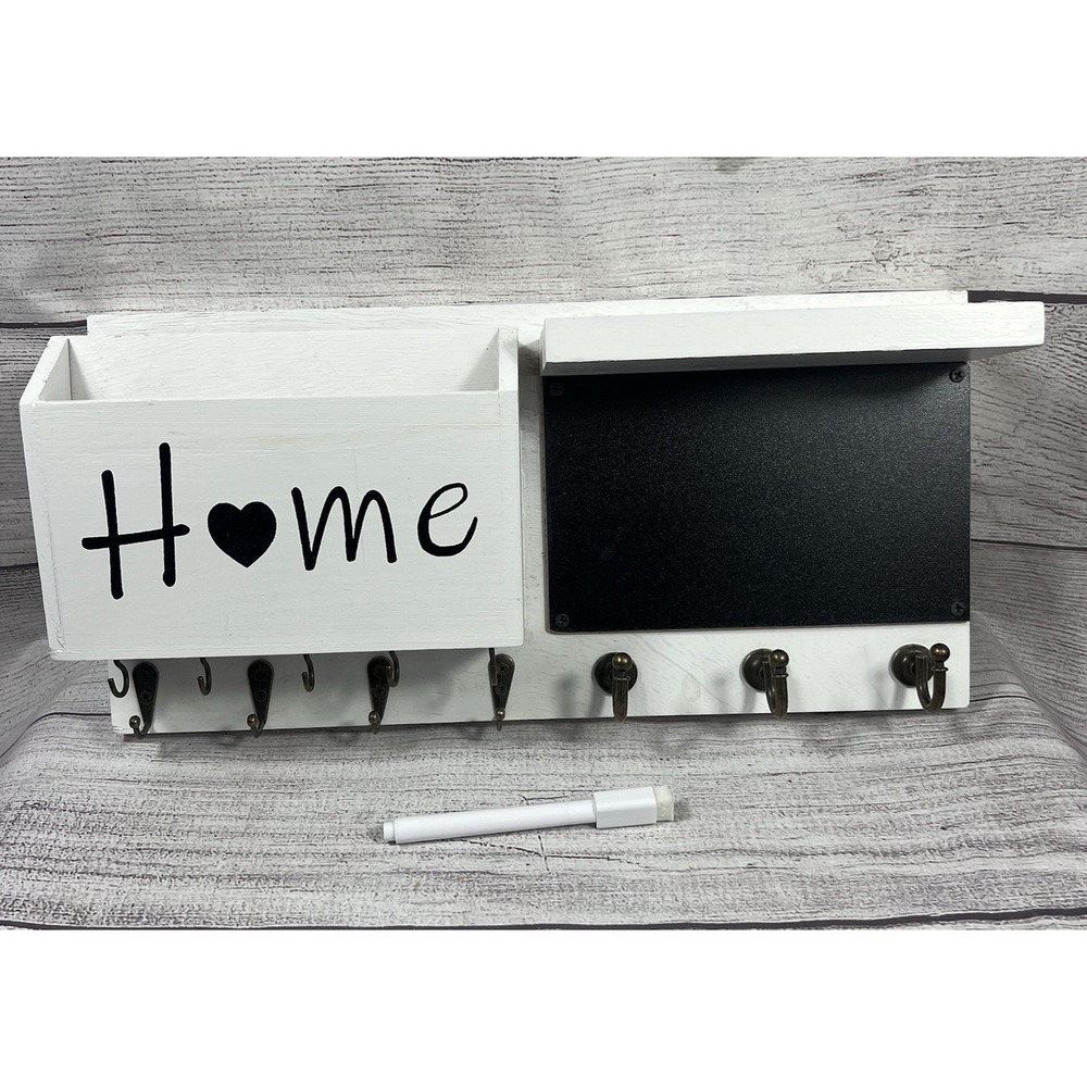 Farmhouse Home Wall Organizer Chalkboard Mail Holder Key Rack Shelf White